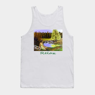 Woman girl seated by forest pond zen yoga buddhism Tank Top